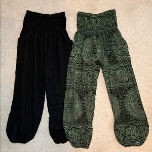 Women's Wide Leg Boho Pants - Black and Green Patterned